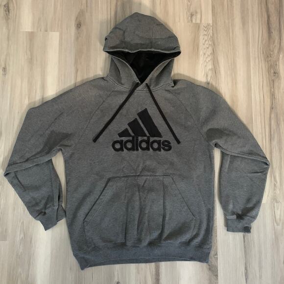 Adidas Mens Fleece Pullover Hoodie Sweatshirt Medium Gray Black Big Logo - Picture 1 of 8